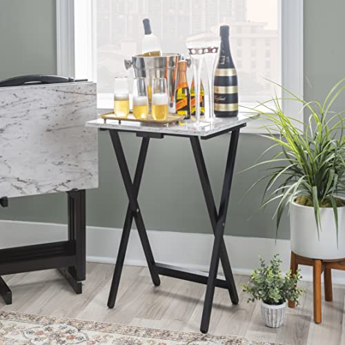 Linon Nikki Brown Faux Marble Tray Table Set