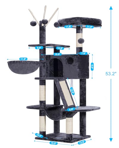 Hey-brother Cat Tree, 61 inch Cat Tower for Indoor Cats, Cat House with Padded Platform Bed, Toy Balls, Large Cozy Condo, Hammocks and Sisal Scratching Posts, Smoky Gray MPJ019G