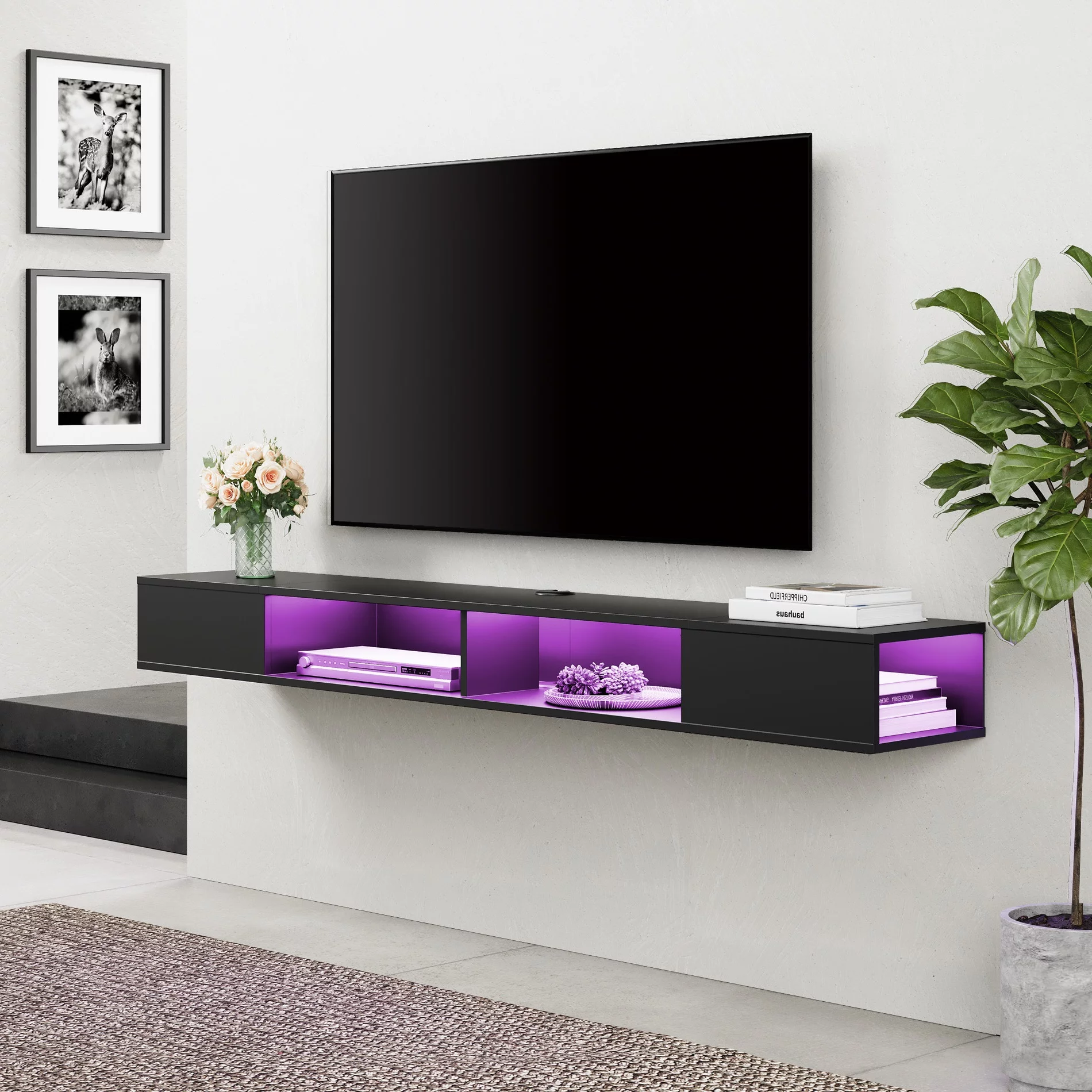 70 inch Floating TV Stand with RGB Light for Living Room, Black