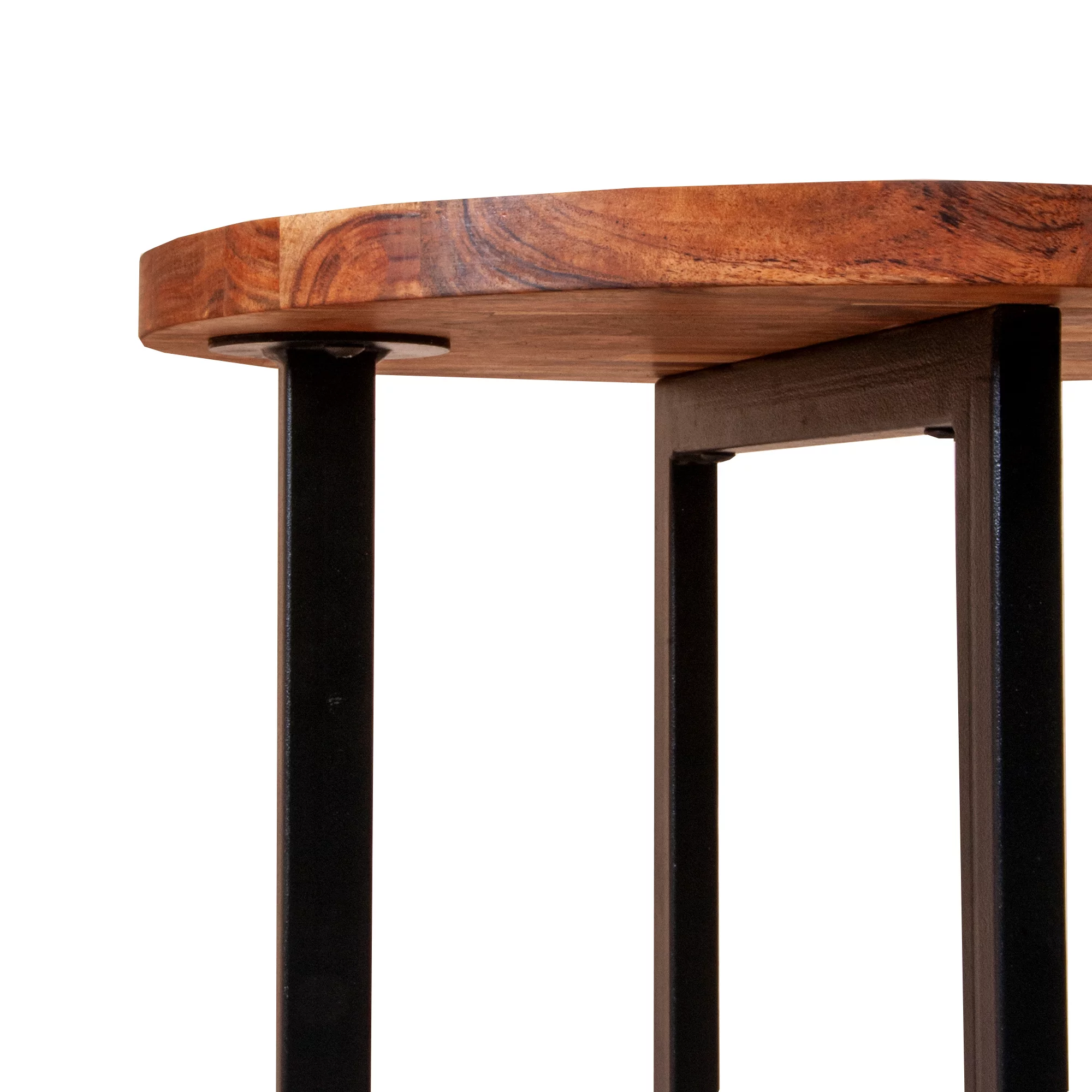 LANTRO JS Peter 18 Inch Round End Side Table, Solid Acacia Wood Tabletop, Steel Frame, Brown, Black