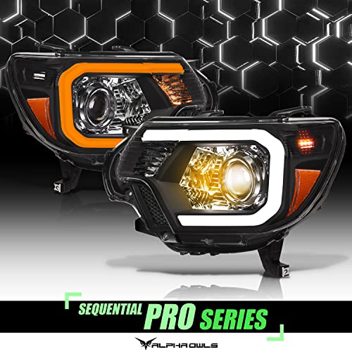 Alpha Owls 8711606 Projector Headlights With Switchback Sequential LED Light Bar & Startup Light - Black Amber Fits 2012-2015 Toyota Tacoma