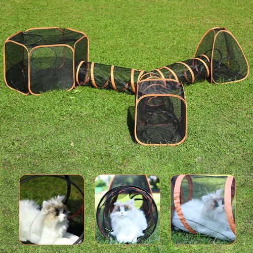 5 in 1 Outdoor Cat Tents with Tunnels for Outside - Cat Enclosures for Indoor Cats with 1 Cat Harness and Leash for Walking, 1 Cat Wand Toys, 3 Cat Feather Toys - Cat Playpen and Indoor Catio