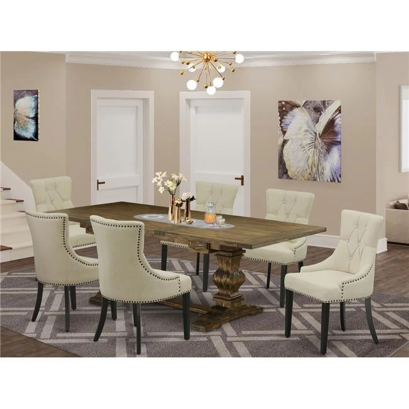 7 Piece Lassale Wood Dining Table Set - Distressed Jacobean, Black & Light Beige
