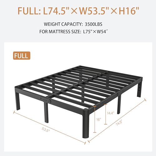 Full Size Bed Frame No Box Spring Needed, 14 Inch Metal Full Bed Frame, DIY Headboard Holes, Heavy Duty Steel Support 3500 LBS, Noiseless, Round Corner Legs, Storage Space, Easy Assembly, Black