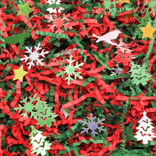 WorldBazaar 1LB Christmas Crinkle Cut Paper Red Green Christmas Basket Filler Sprinkle Confetti Gift Wrapping Craft Packaging Filling Winter Birthday Box Basket Party Decoration