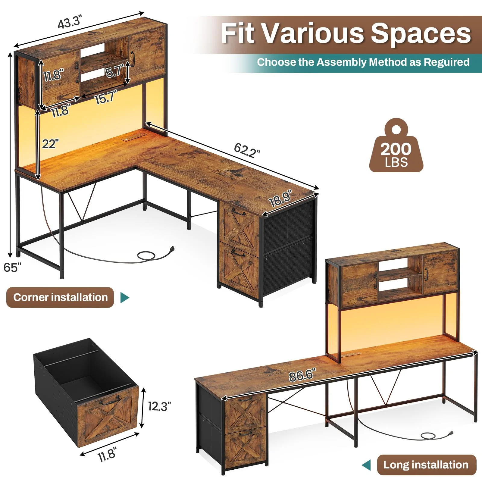 L Shaped Desk with Fabric Drawers and Power Outlet, Home Office Desk with LED Lights, Rustic Brown