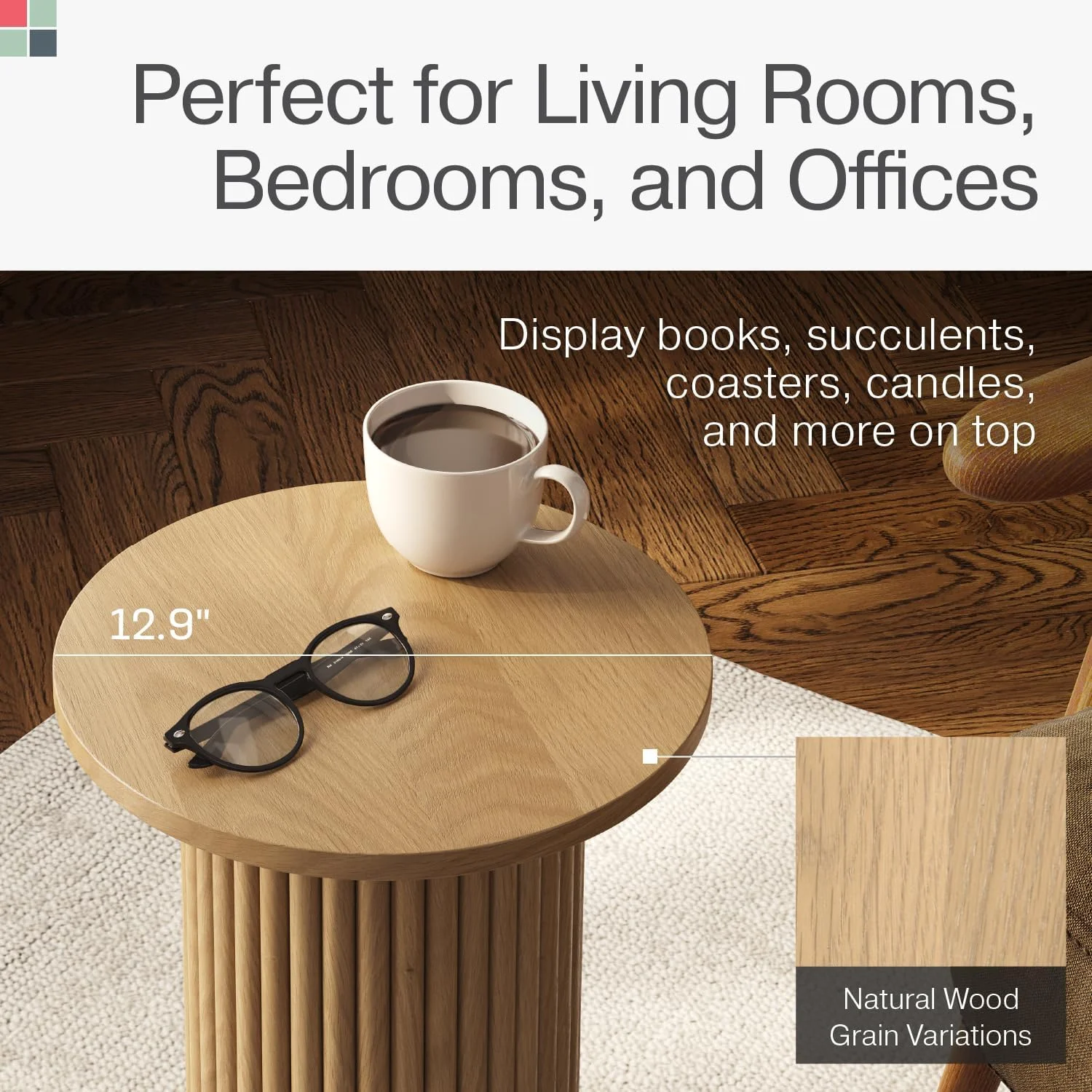 Round Fluted Accent Side Table - Pedestal Drink Table - Modern Home, Bedroom, and Living Room Furniture - Small Wooden Round End Table with a Solid Oak Base and Wood Veneer Top (Natural Oak Finish)