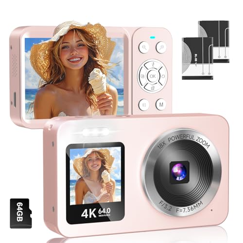 Digital Camera, 4K 64MP UHD Dual Screens Camera, 18X Zoom, Portable Small Point and Shoot Digital Cameras with 64GB TF Card, 2 Rechargeable Batteries for Kids, Teens, Adult, Selfies, Gifts- White