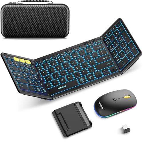 Foldable Keyboard and Mouse, Samsers Folding Bluetooth Keyboard Combo, 2.4G + BT5.0 x 2, Full-Size Portable Travel Keyboard & USB-C Rechargeable Wireless Mouse for Windows Android iOS Mac OS