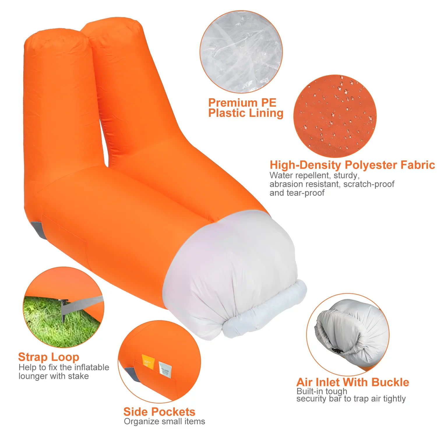 iMounTEK Inflatable Lounger Air Sofa Chair Couch with Portable Organizing Bag Waterproof Anti-Leaking for Backyard Lakeside Beach Traveling Camping Picnics, Orange