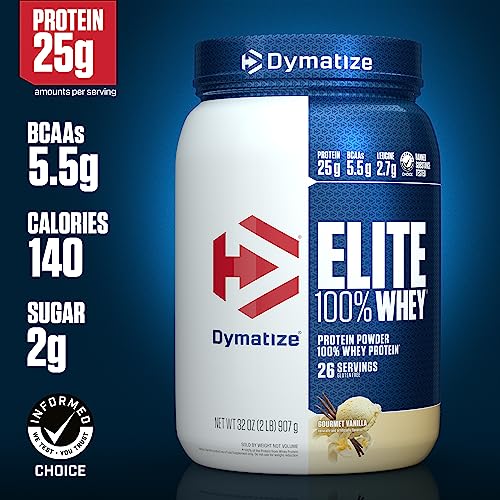 Dymatize Elite 100% Whey Protein Powder, Vanilla, 25g of Protein, 5.5g BCAAs, Less Than 140 Cal., Gluten Free, 2g Carb, 2g Sugar, 3g Fat (67 Servings)