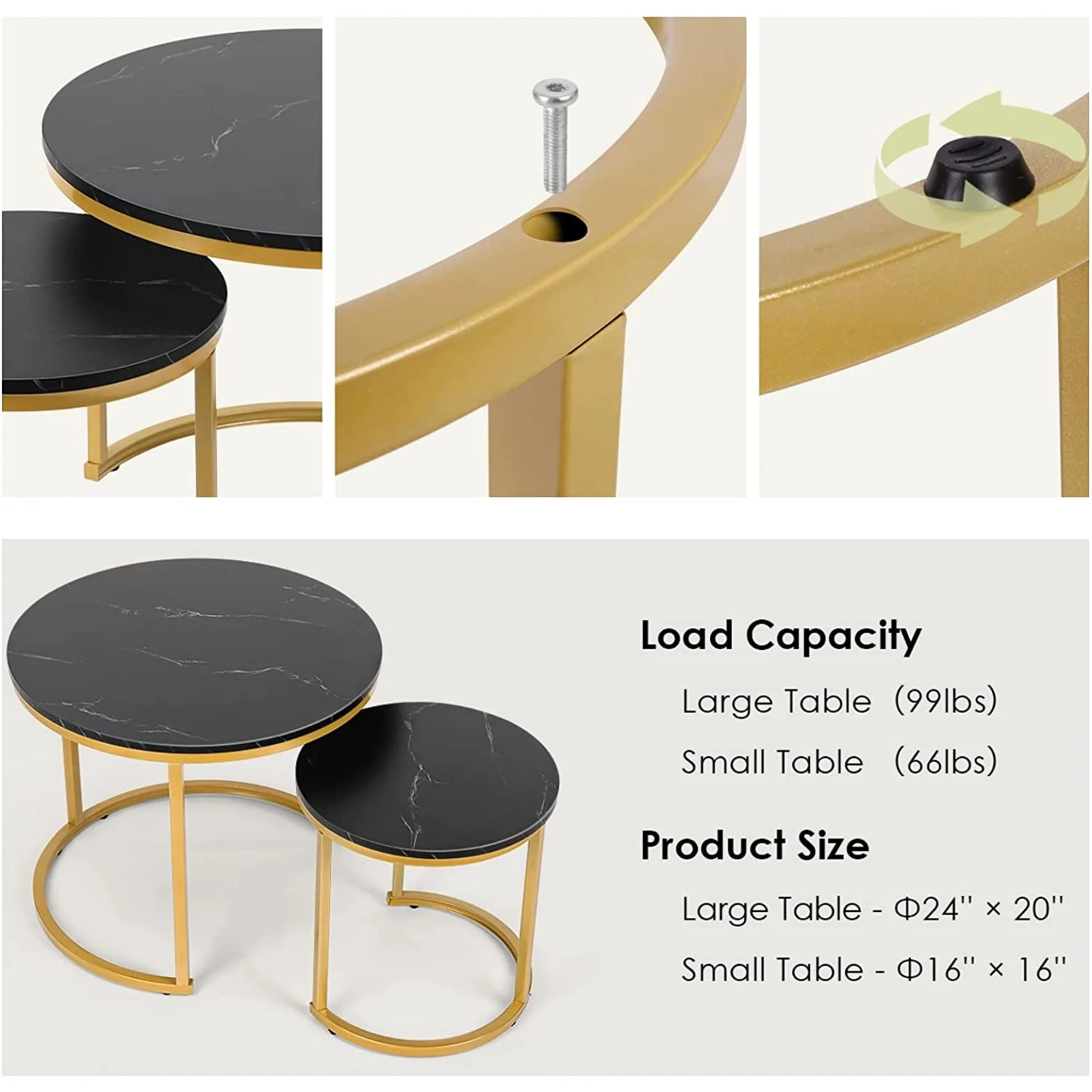 Modern Round Nesting Tables with Metal Frame (Set of 2) (White & Black)