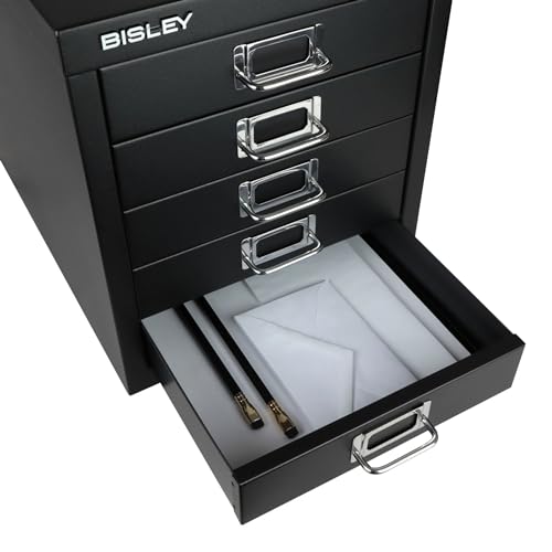 Bisley 10-Drawer Steel MultiDrawer Cabinet - Black, Chrome Pull Handles with Label Holders, Powder-Coated Steel, Removable Drawers, Fits Under Most Desks, Labels Included