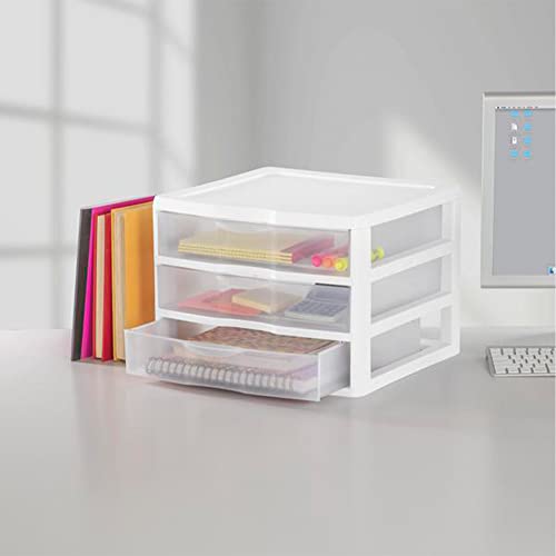 Sterilite 3-Pack Wide 3 Drawer Unit, Plastic Desktop Organizer with Clear Drawers, White Frame - Stackable Multi-Purpose Storage for Office Supplies, Craft Rooms, Classrooms and Home Organization