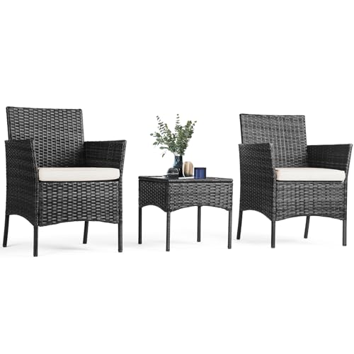 Sweetcripy Patio Furniture Set 3 Pieces, Outdoor Furniture with Soft Cushion and Glass Table, All Weather Manual Weaving Wicker Rattan Patio Chairs for Garden, Terrace, Porch(Black and Beige)