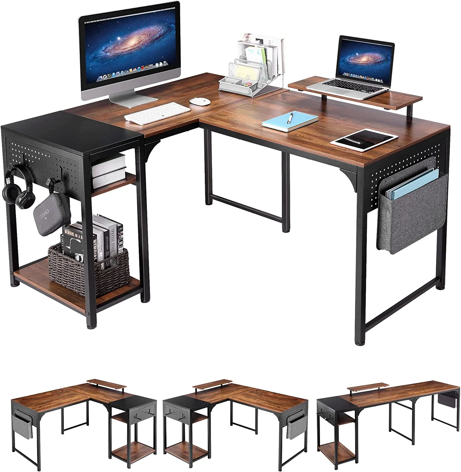 HJNIUNIU Reversible L Shaped Desk 59"  Corner Computer Desk with  Shelves Home Office 2 Person Gaming Desk Industrial Writing Workstation  Rustic Brown Black
