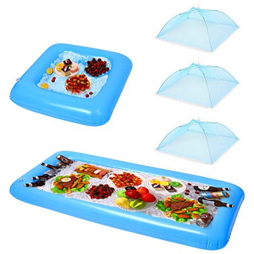 Hemoton 1 Set 2PCS Inflatable Pool Serving Bar and 3pcs Mesh Food Tent Set Drinking Buffet Tray Inflatable Ice Serving Buffet Bar Drinks Cooler Tray with Drain Plug (Blue)