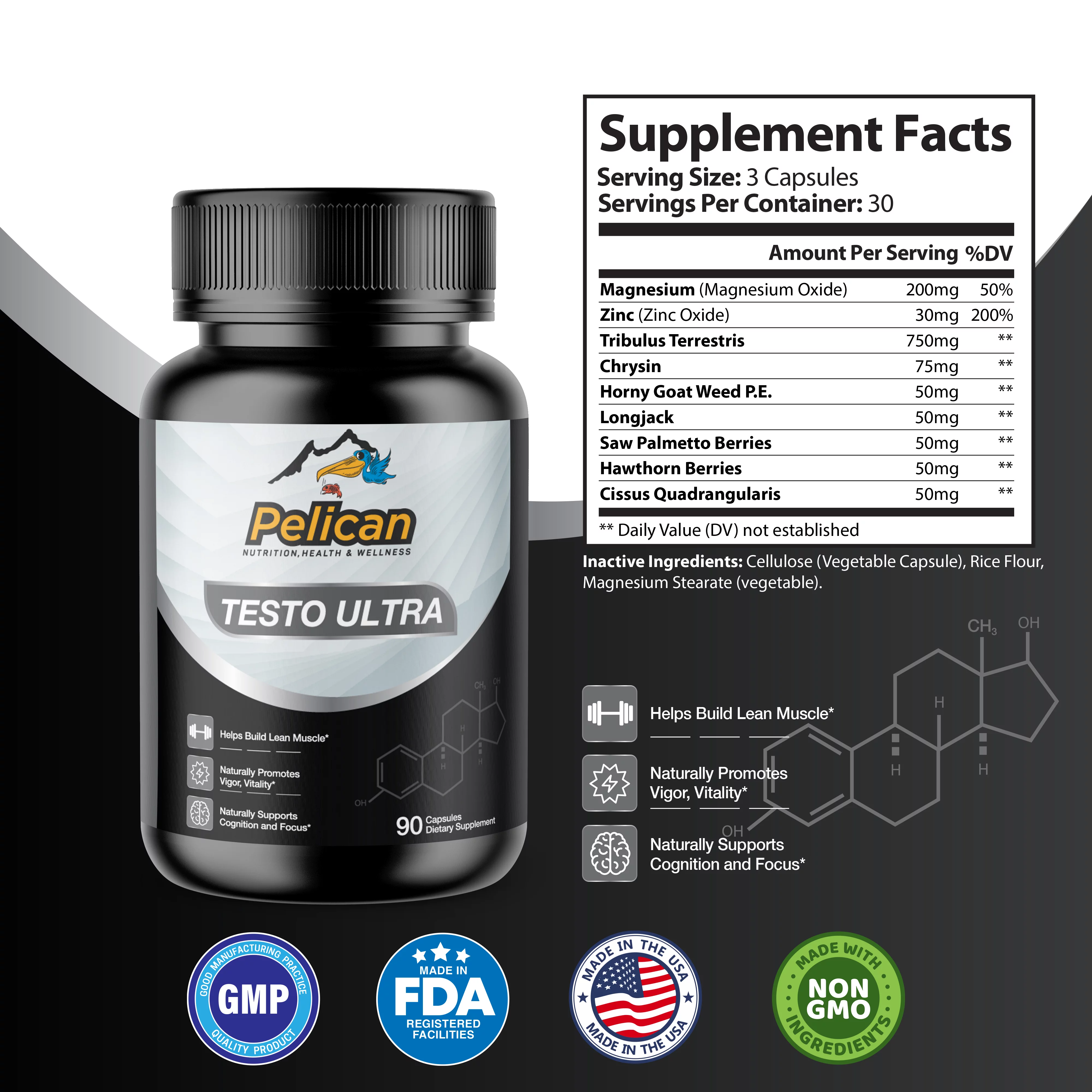 Testo Ultra- Muscle Strength/Growth-2 Bottles- 180 Capsules- Pelican Vitamins