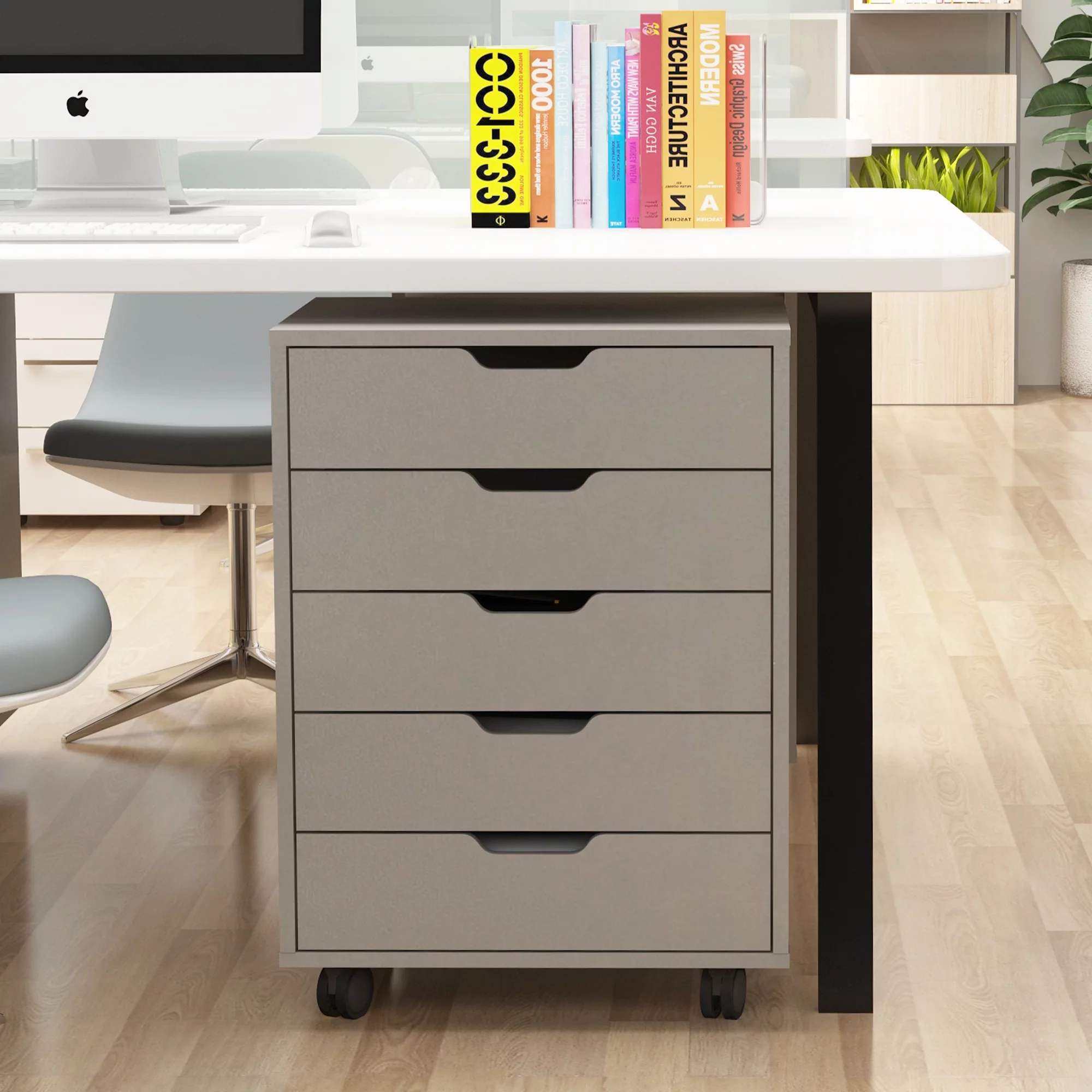 The filing cabinet has five drawers, a small rolling filing cabinet, a printer rack, an office locker, and an office pulley movable filing cabinet&nbsp; white Gray