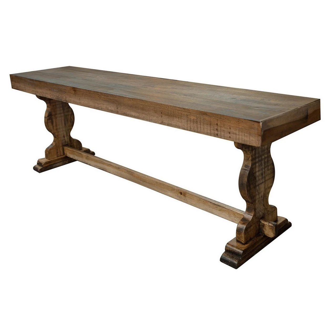 Ebb 70 Inch Rustic Wood Bench Curved Base Solid Pine Wood Light Brown- Saltoro Sherpi
