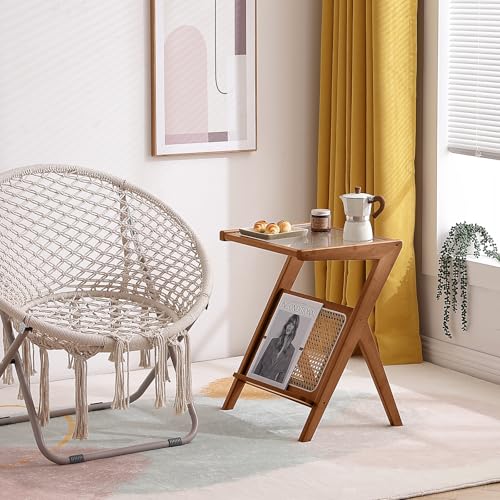 Tiita Bamboo Rattan Coffee Table with Wheels, Glass Top Rolling Nightstand, Boho Wooden End Table for Living Room, Bedroom & Small Space, Accent Furniture