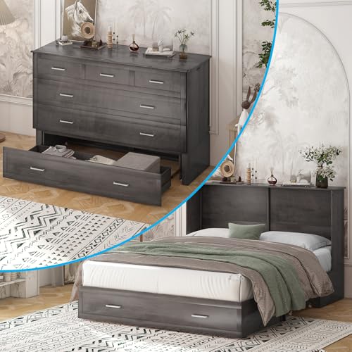 Mjkone Queen Size Cabinet Murphy Bed with Tri-Fold Mattress, Modern Multipurpose Wall Cabinet Chest Bed, Integrated Charging Station and Storage Drawers for Guest Bedroom, Living Room, Cherry