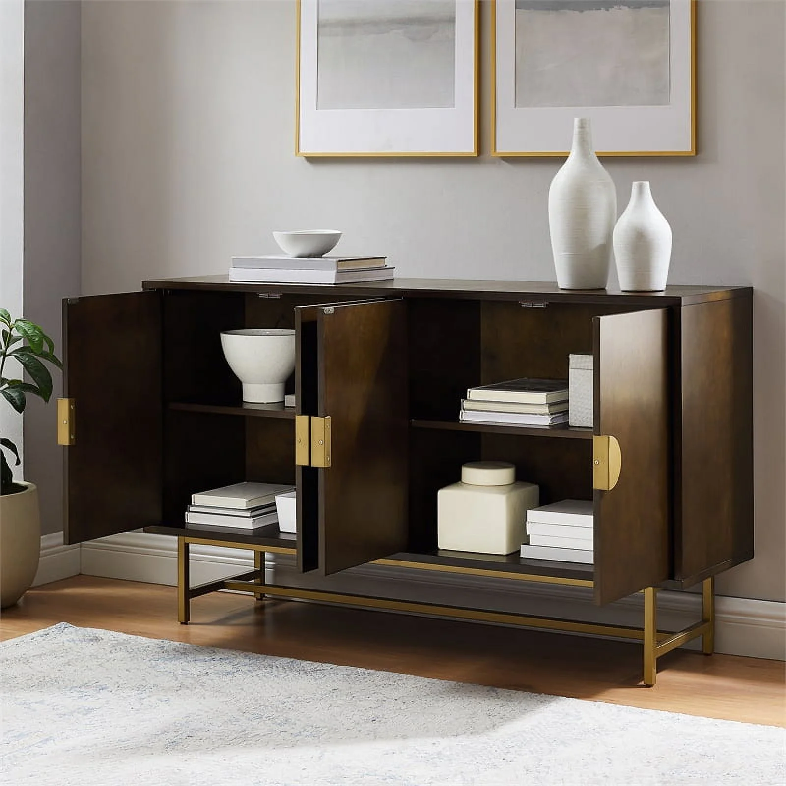 Crosley Furniture Blair Mid-Century Wood/Steel Sideboard in Dark Brown/Gold