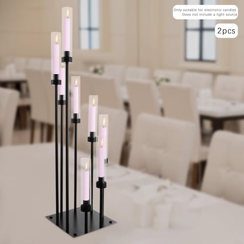 Bacocoo 2 Pack Black Floor Candelabra Centerpieces, 42.13 Tall 8 Arms Floor Candle Holder with Acrylic Shade Pillar, Metal Black Candelabra Centerpieces for Wedding Dinner Ceremony Party Decoration.