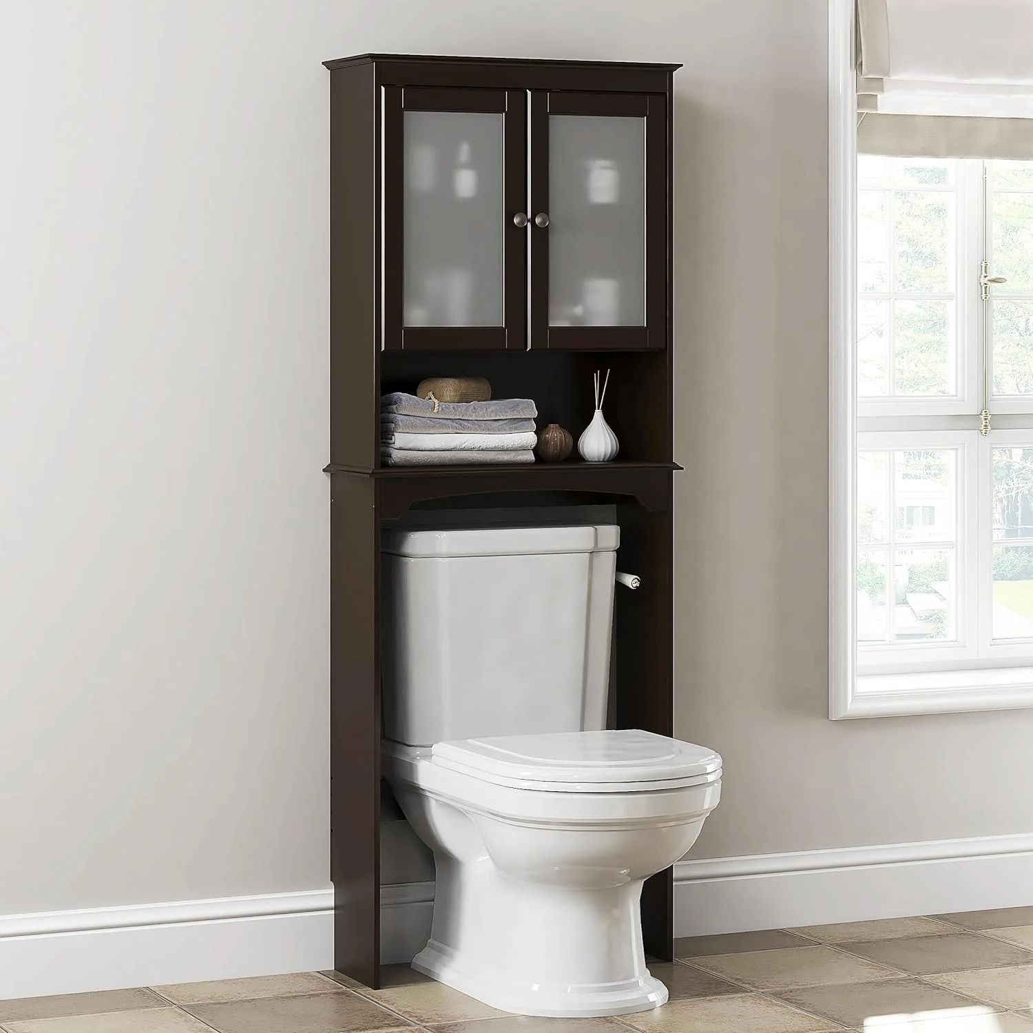 WANHUI Over The Toilet Storage Cabinet, Over Toilet Storage Shelf with Glass Doors, Wood Bathroom Organizer Space-Saving Cabinet, Espresso