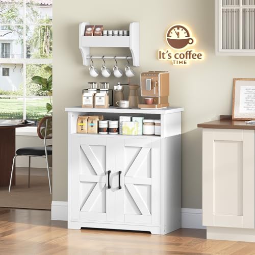 Coffee Bar Cabinet, Kitchen Island with Storage, Farmhouse Sideboard Buffet Cabinet with Dual-Purpose Floating Shelf and Hooks, for Kitchen Living Room, White and Natural KF22WN
