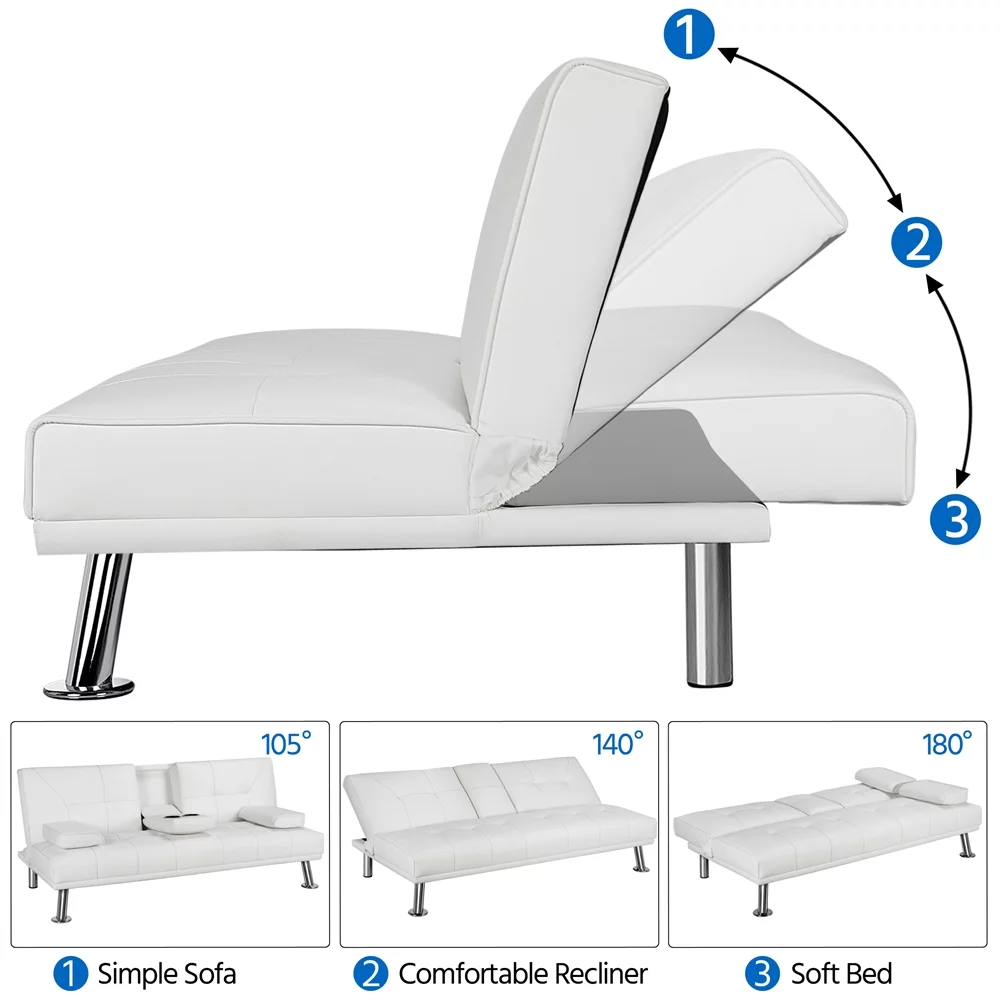 Easyfashion LuxuryGoods Modern Faux Leather Futon with Cupholders and Pillows, White