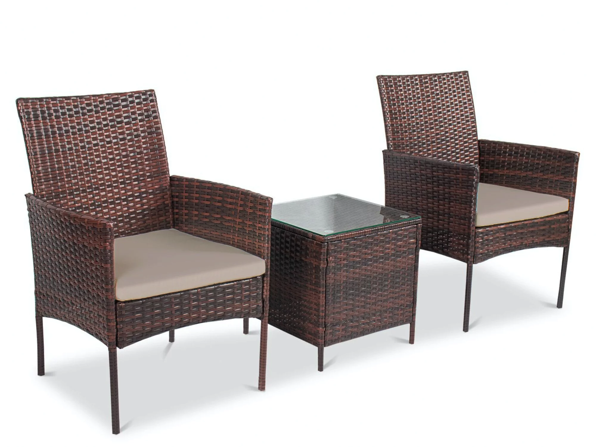 Sofia 3 Piece Rattan Bistro Patio Furniture Set- 2 Metal & Soft Cushion Chairs With a Beautiful Cafe Table - Beige