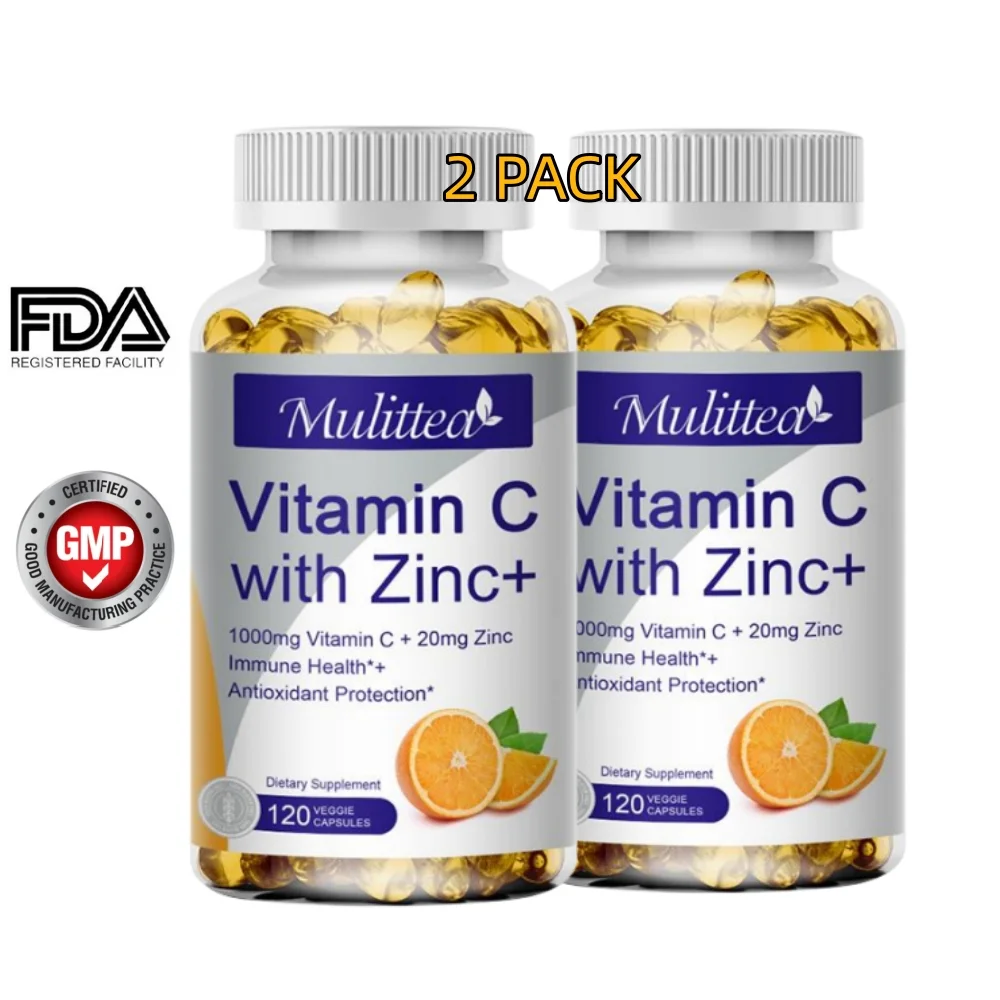 (2 PACK)Mulittea Vitamin C with Zinc Supplement Capsules,Immune Support & Powerful Antioxidant Non-GMO, 240 Veggie Capsules