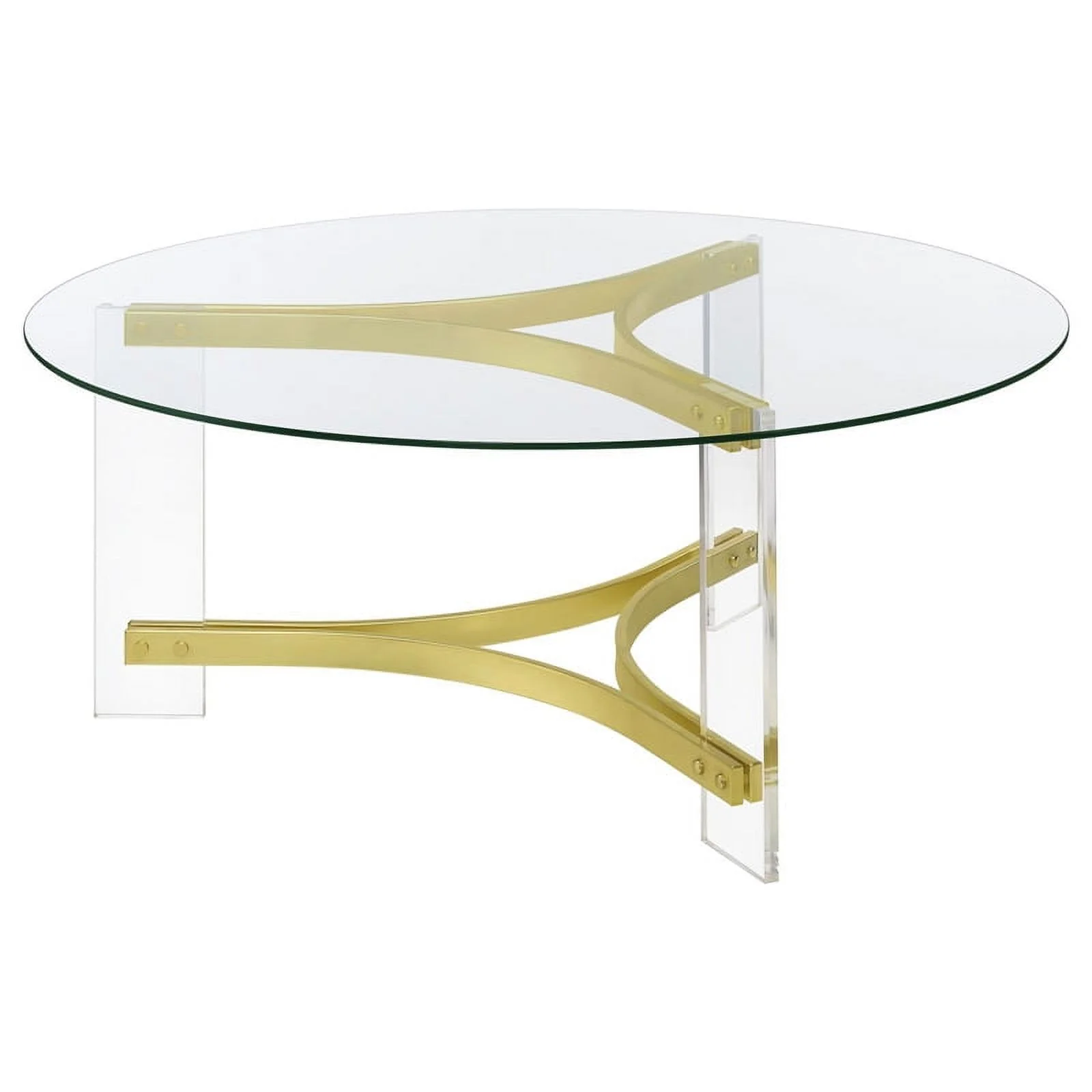 Pemberly Row Round Glass Coffee Table with Acrylic Legs in Clear and Brass