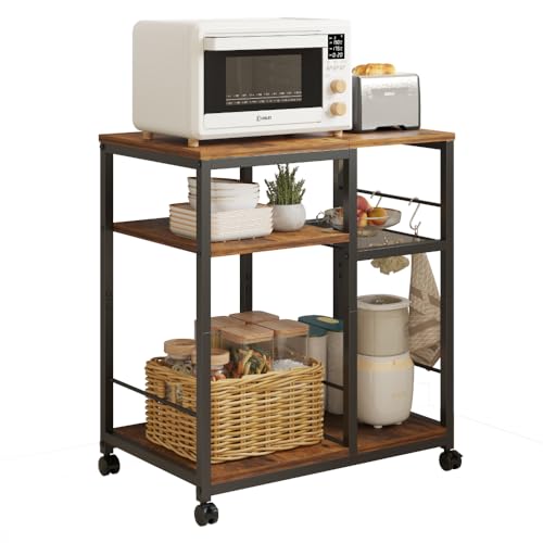 Kitchen Microwave Cart，Rolling Kitchen Cart with Lockable Wheels, 4-Tier Microwave Stand, Bakers Rack Island, Coffee Cart Appliance Storage, Kitchen Table for Office, Living Room