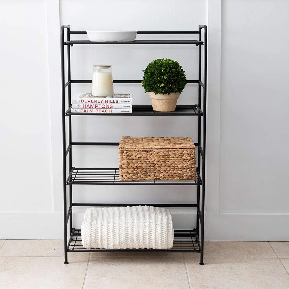 Folding Metal Bookcase-Small Space -No Assembly-Home, Kitchen, Bathroom And Office Black, 4 Shelves, Wide
