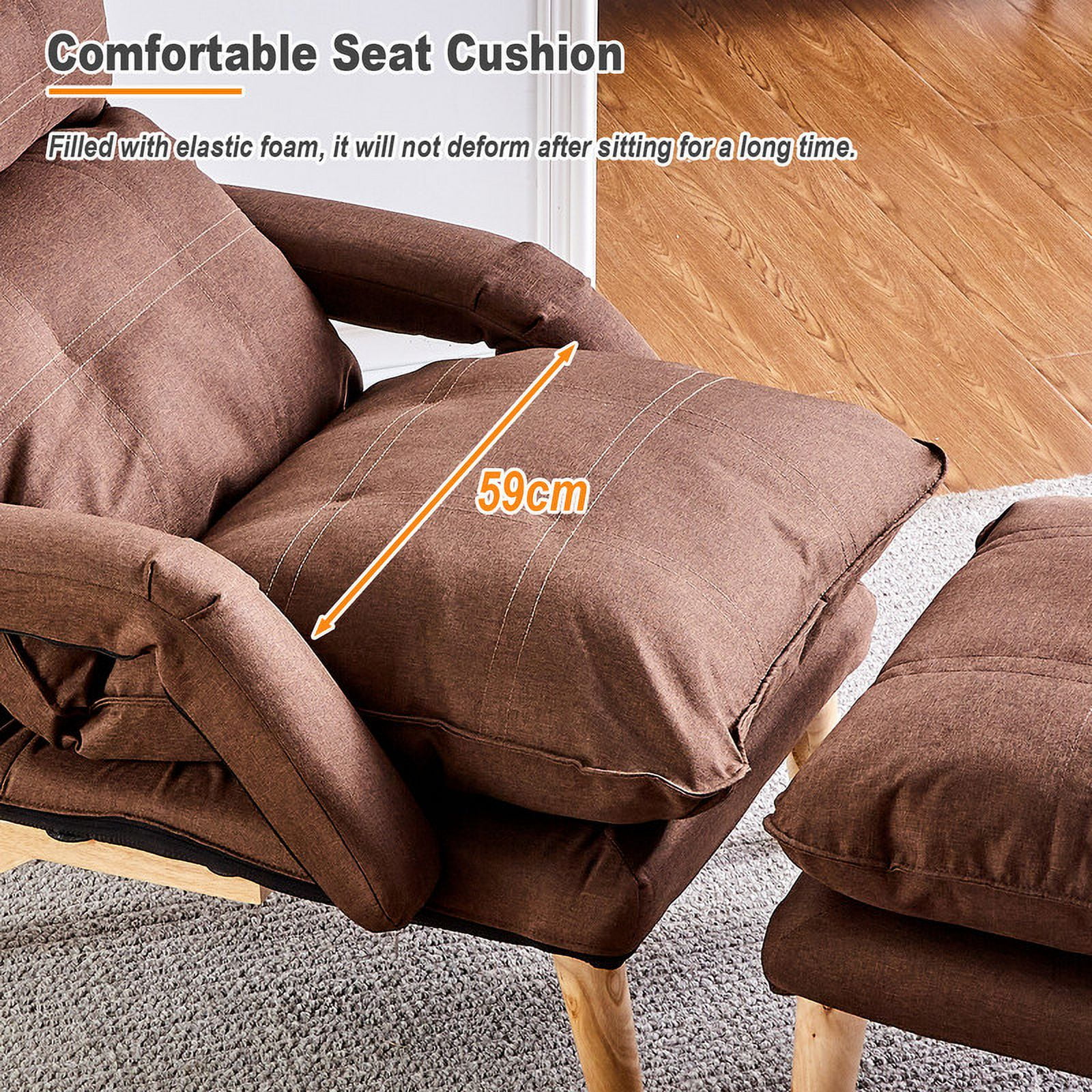 Clipop Living Room Accent Chair with Ottoman,Adult Linen Armchair 5 Angles Adjustable Back,Brown