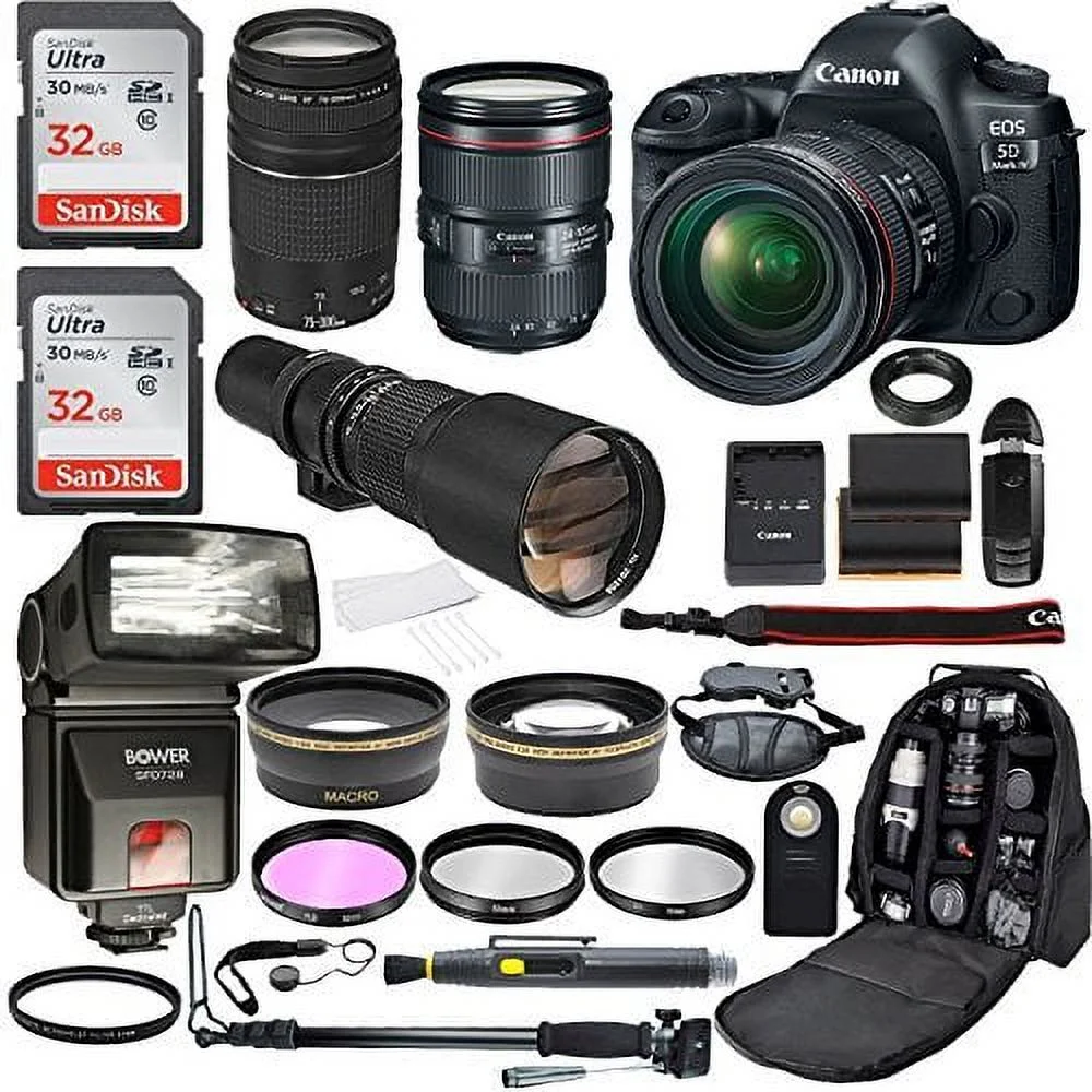 Canon EOS 5D Mark IV Full Frame Digital SLR Camera with EF 24-105mm f/4 L2 IS USM Lens + EF 75-300mm f/4-5.6 III + 500mm Telephoto Zoom + 2pc SanDisk 32GB Memory Cards + Accessories (20 Items)
