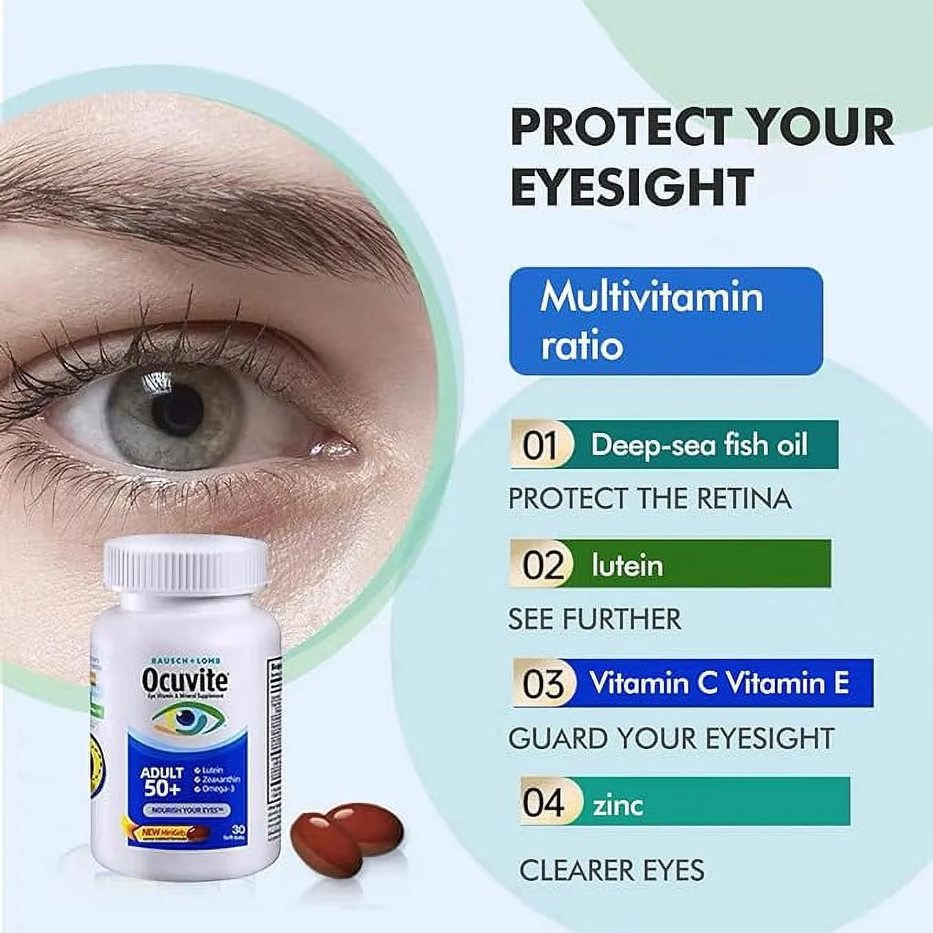 O-Cuvite Adult 50 + Eye Vitamin & Mineral Supplement, Contains Lutein & Zeaxanthin,Zinc, Vitamins C, D,E, Omega-3,Copper,150 Softgels
