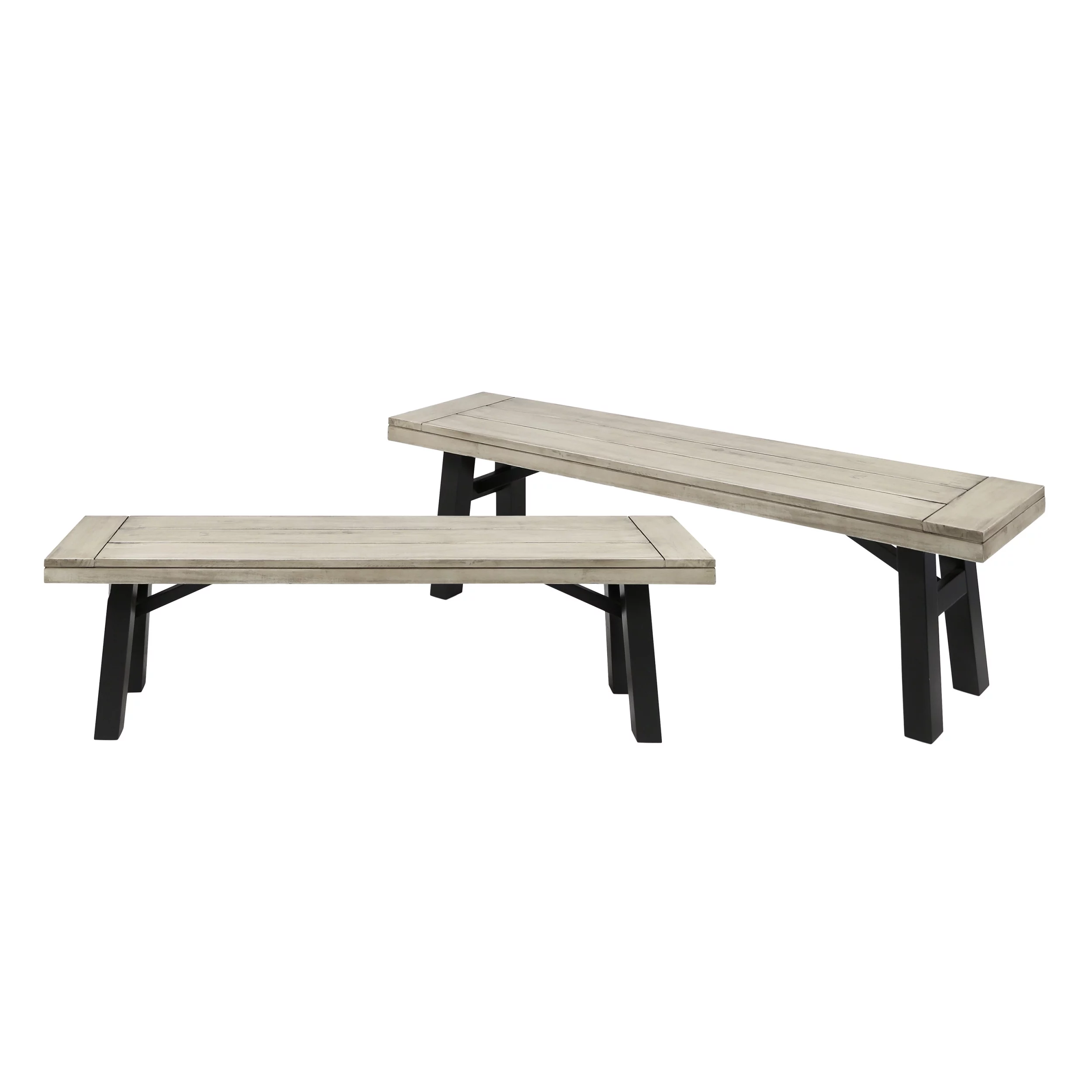 Bettinger Acacia Wood Outdoor Dining Benches, Set of 2, Light Gray Wash and Black