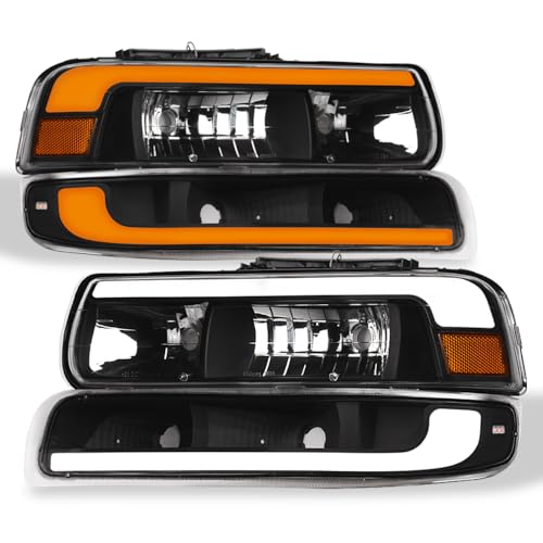 Switchback Sequential LED Strip Tube Bar Black Housing Crystal Headlights With Signal Bumper Lamps Amber Reflector 4-Pieces nb Compatible With 99-02 Chevy Silverado / 00-06 Suburban Tahoe
