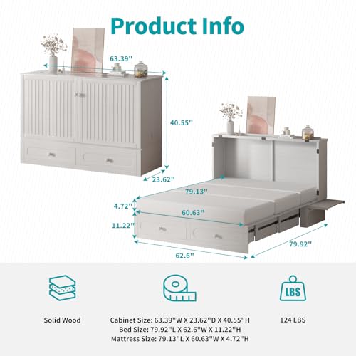 BALUS Murphy Cabinet Bed, Queen Cabinet Chest Bed with USB Charging Station, Tri-Fold Mattress, 2 Storage Drawers Modern Convertible Wall Wooden Beds for Apartment Bedroom - Dark Grey