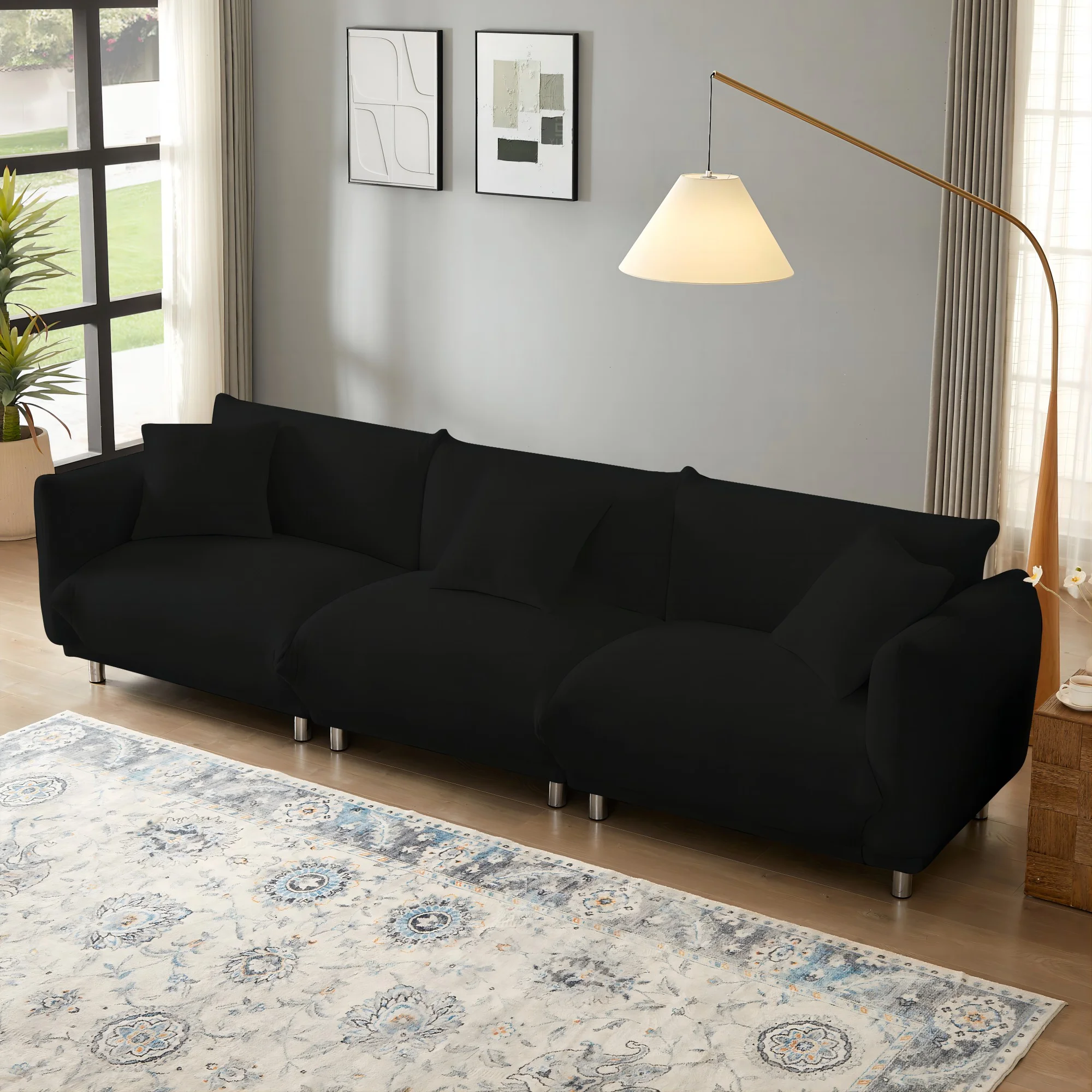 118.5 Inch Living Room Deep Seat Sofa, Comfort 3-Seater Sofa 3 Seat Cushion Sofa Sectional Cloud Sofa with 3 Pillows and Metal Feet for Office