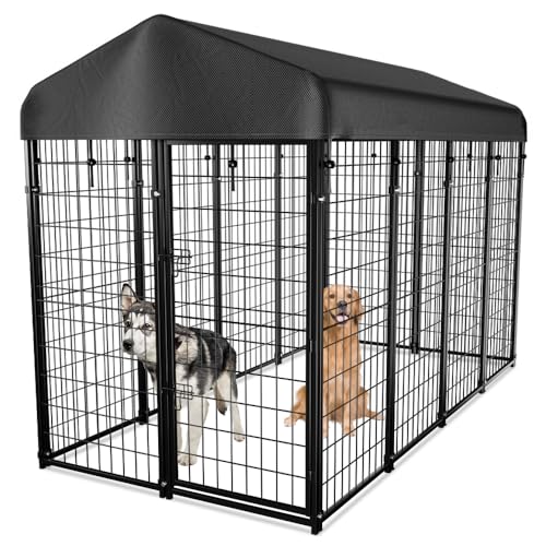 Dog Kennel Outside with Roof, 8'x6'x4' Outdoor Dog Kennels for Large Dogs, Heavty Duty Welded Dog Crate Playpen with UV-Resistant Waterproof Cover