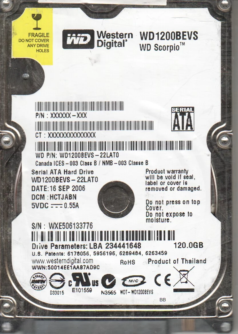 WD800BEVS-08RST2, DCM HBYTJANB, Western Digital 80GB SATA 2.5 Hard Drive