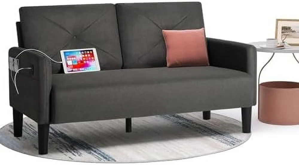 RUNFAYBIU 56" Sofa Couch  Comfy Loveseat w/Charger Port &  Pocket  Mini Love Seat for Bedroom  Mid Century Modern Tufted 2 Seater Sofa for Small Spaces Living Room  Apartment (Lig