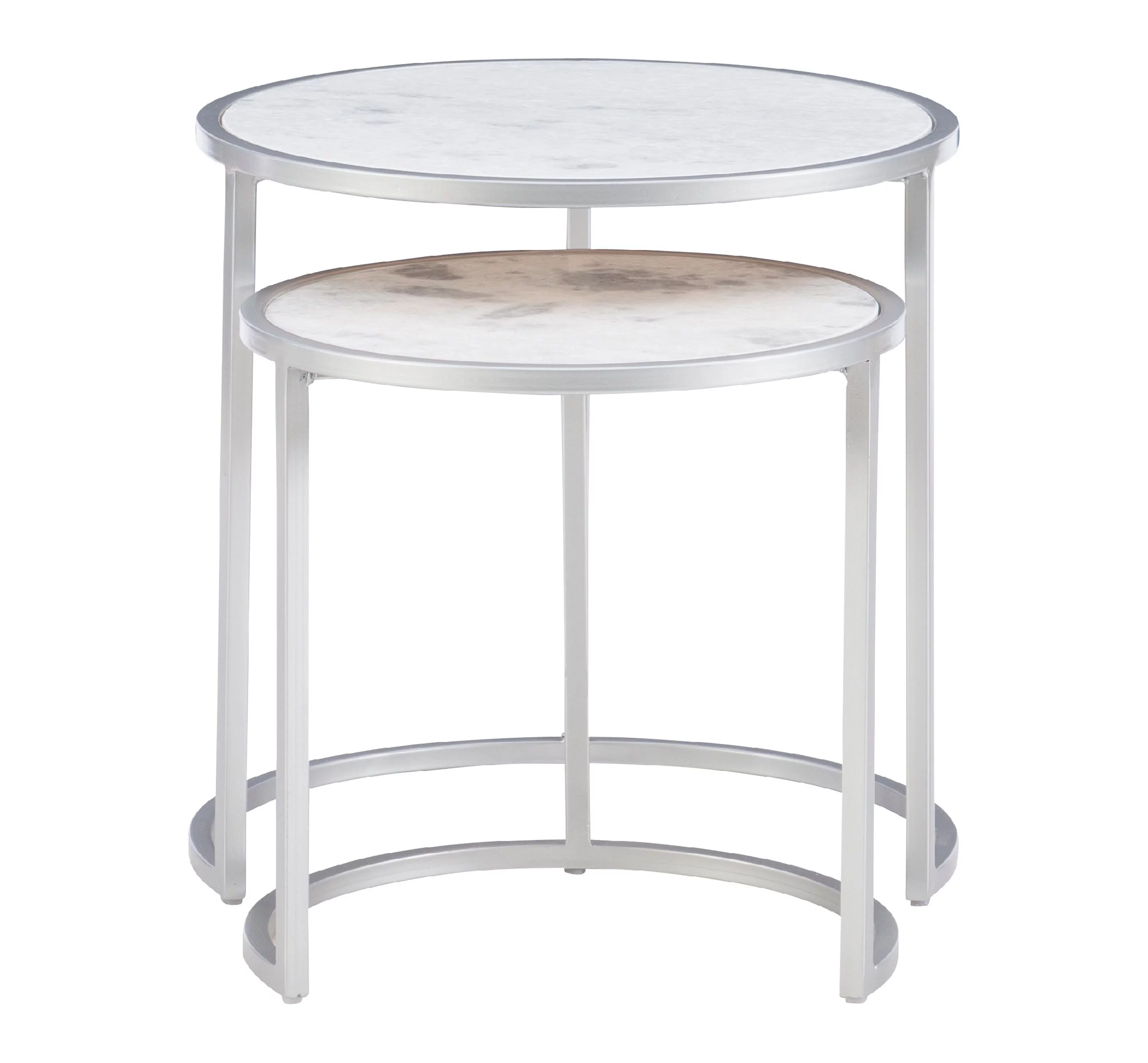 Heather Round Nesting Tables, Set of 2, Silver Metal Base with White Marble Tops