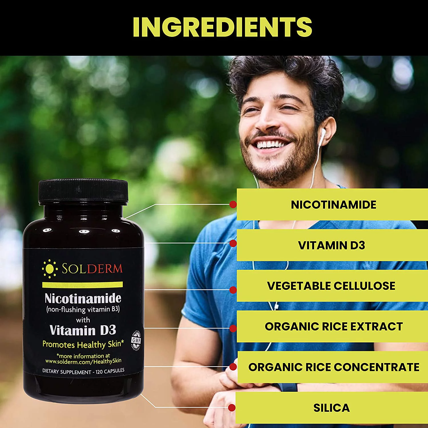 Solderm Nicotinamide with Vitamin D3 & Non-Flushing B3 | 500 Mg, 2000 IU | Vegetarian, Gluten-Free 120 Capsules | Promotes Healthy Skin