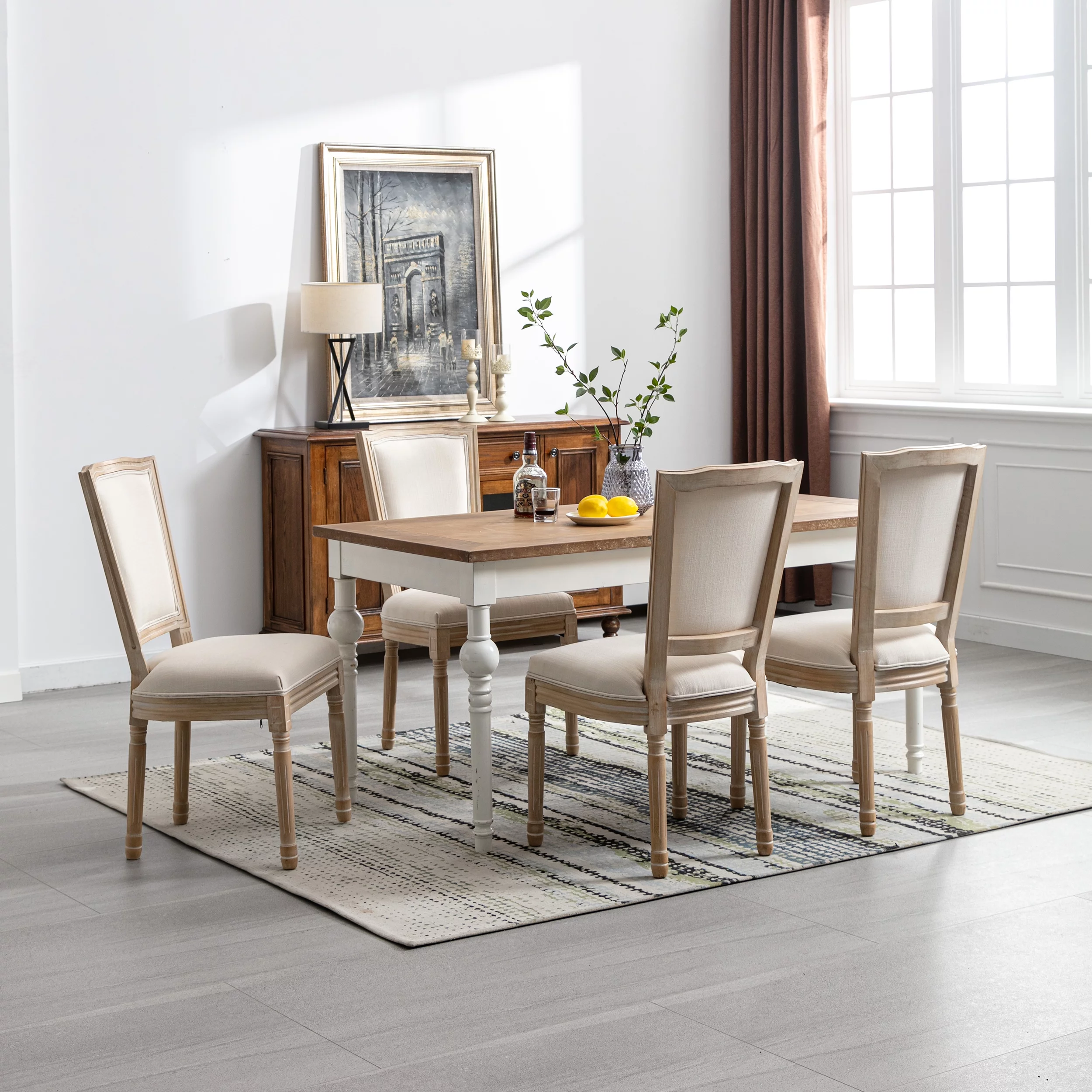 CoSoTower French Style Solid Wood Frame Antique Painting Linen Fabric Square Rattan Back Dining Chair, Set Of 2, Cream