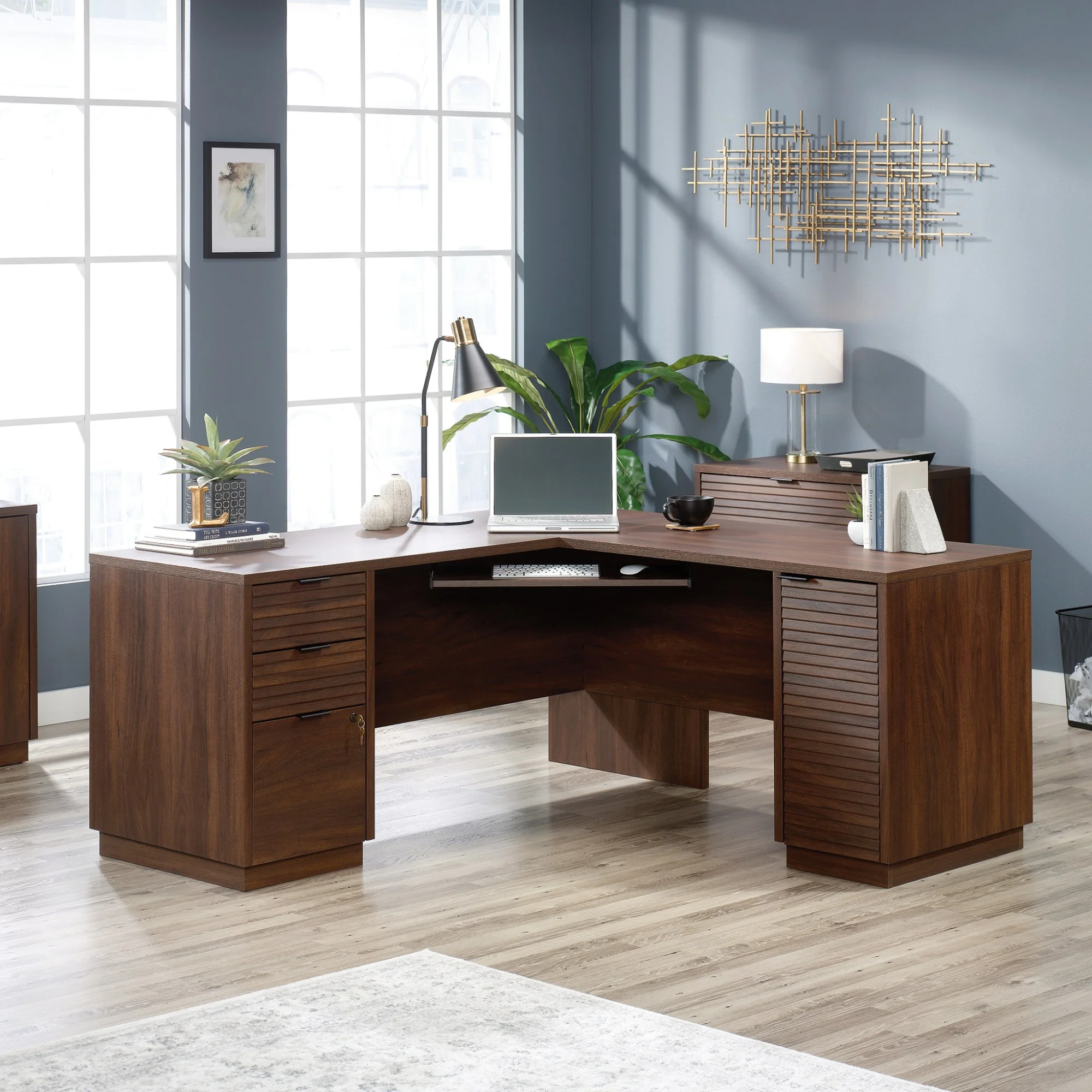 Sauder Englewood Engineered Wood L-Shaped Desk in Spiced Mahogany